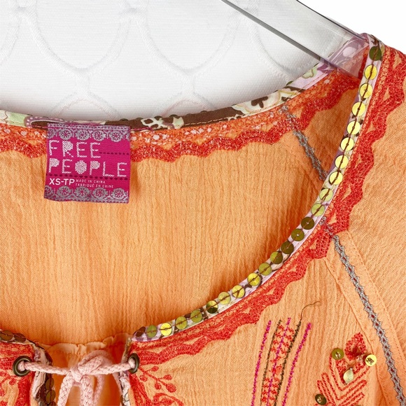 FREE PEOPLE BOHO Orange 3/4 Sleeve Peasant Summer Top XS - Picture 3 of 5